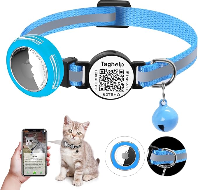 Waterproof Airtag Cat Collar Breakaway with QR Code Name Tag, Reflective cat Collar airtag Holder with Bell, Reflective Kitten Cat ID Tag Personalized, Ultra-Durable, Adjustable, Quick Release(Blue)