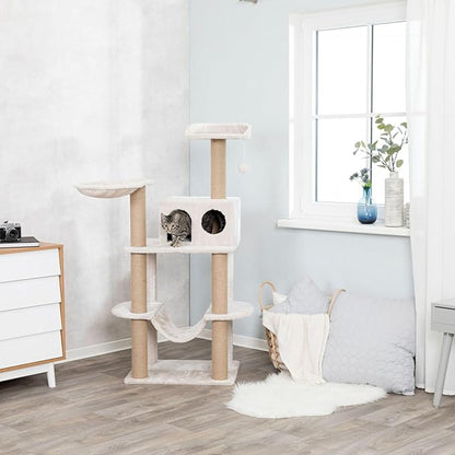 TRIXIE 56" Federico Cat Tower - Indoor Cat Furniture with Jute Scratching Posts - Tree with Condo, Platforms, Hammock, Dangling Toy - Greige