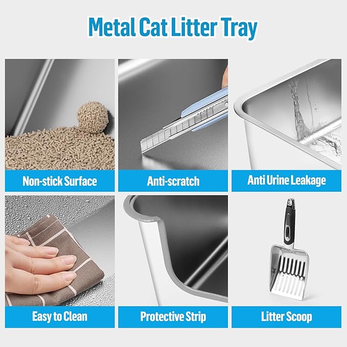 Stainless Steel Cat Litter Box, 23.6" L x 15.7" W x 8" H XXL Extra Large Semi Enclosed Removable Metal Litter Tray with High Sided Enclosure, Scoop, Anti-Leakage, Non-Sticky, Easy Cleaning