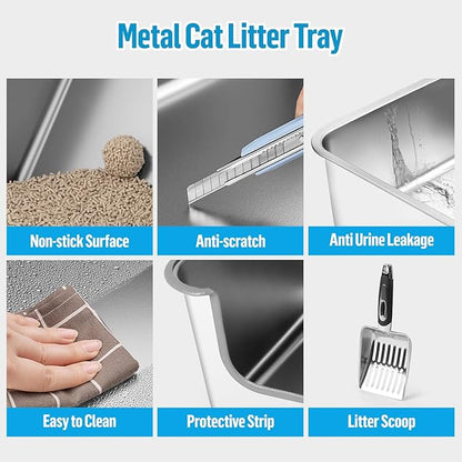 Stainless Steel Cat Litter Box, 23.6" L x 15.7" W x 8" H XXL Extra Large Semi Enclosed Removable Metal Litter Tray with High Sided Enclosure, Scoop, Anti-Leakage, Non-Sticky, Easy Cleaning