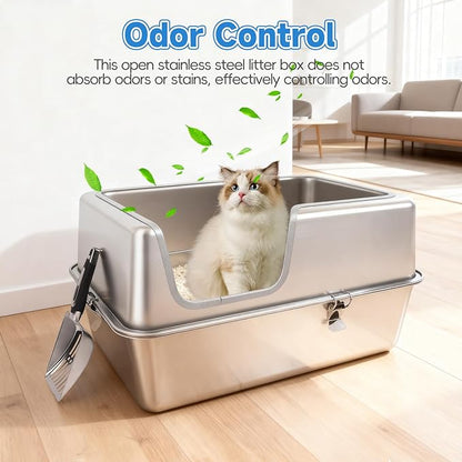 Stainless Steel Cat Litter Box, 23.6" L x 15.7" W x 11.8" H XXL Extra Large Semi Enclosed Removable Metal Litter Tray with High Sided Enclosure, Scoop, Non-Sticky, Easy Cleaning