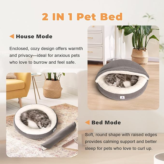 Cat Cave Bed for Indoor Cats, Hooded Cat Bed Covered Cat Bed Cave, Round Cat Cave Cute Kitty Bed, Washable Cat Bed for Cats & Small Dogs, Cat Beds with Cover Cozy Sleeping Nest, 23" Grey