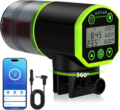 WiFi Automatic Fish Feeder for Aquarium: App-Controlled Auto Feeders for Tank Turtle Pond Betta with Water Temperature Monitoring & Alarm, Timed Auto-Feeding for Flake Pellet Vacation Weekend