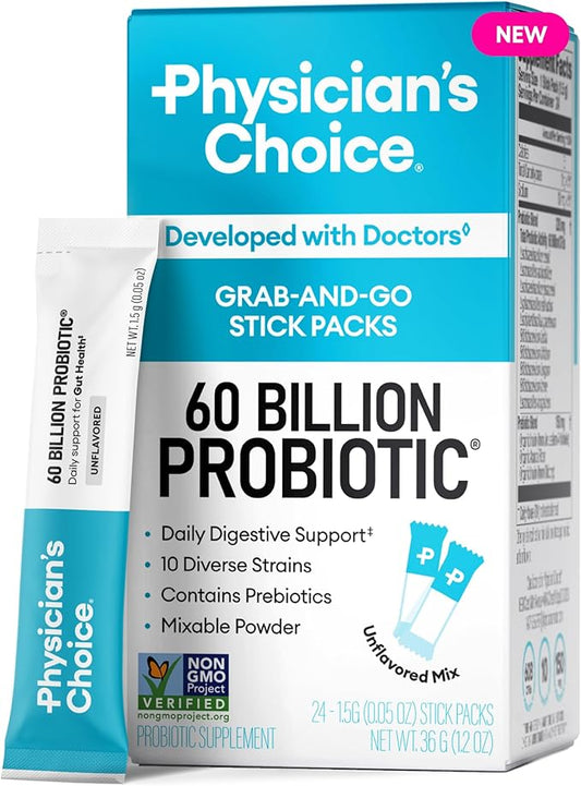 Physician’s Choice 60 Billion CFU Probiotic Stick Packs - 10 Strains + Prebiotics - Immune, Digestive & Gut Health - Supports Occasional Constipation, Diarrhea, Gas & Bloating - for Women & Men - 24CT