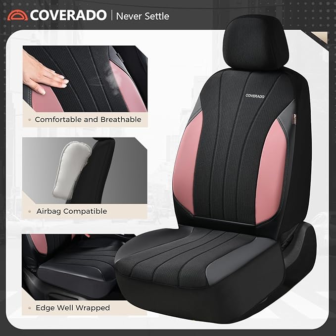 Coverado Seat Covers 5 Seats, Luxury Car Seat Covers Full Set, Automotive Car Protectors, Pink Driver Seat Covers, Car Accessories Universal Fit for SUVs, Trucks, Sedans