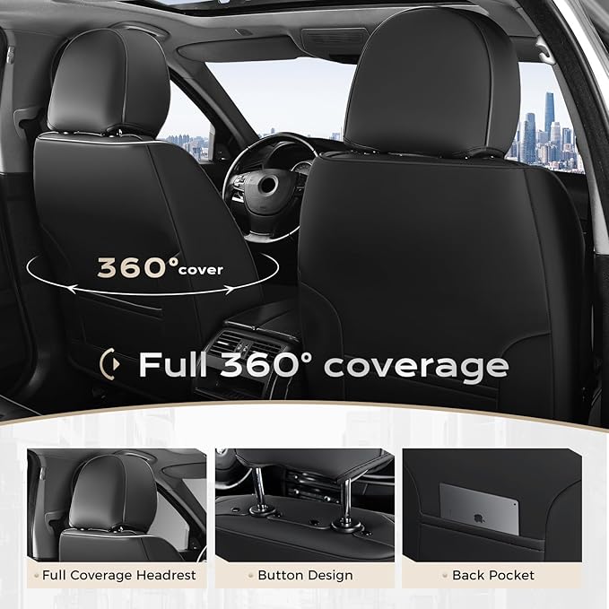 Coverado Front Seat Covers, 2-Pack Luxury Leather Seat Cover with Lumbar Support, Black Seat Covers for Cars, Waterproof Car Seat Protectors, Driver Car Seat Cushions Universal Fit for Most Vehicles