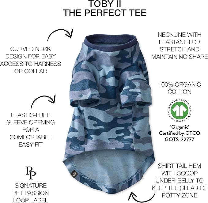 Pet Passion Toby II - The Perfect Tee, 3 Pack Short Sleeve Pet T-Shirt 100% Organic Cotton Tees Clothes for Small, Medium, Large Dogs, Navy Camo, Large (40-60 lbs)
