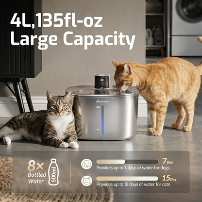Wireless Cat Water Fountain Stainless Steel,135floz/4L Battery Operated Automatic Pet Fountain,Cordless Cat Water Dispenser Pet Water Fountain for Cats Dogs Pets Outdoor