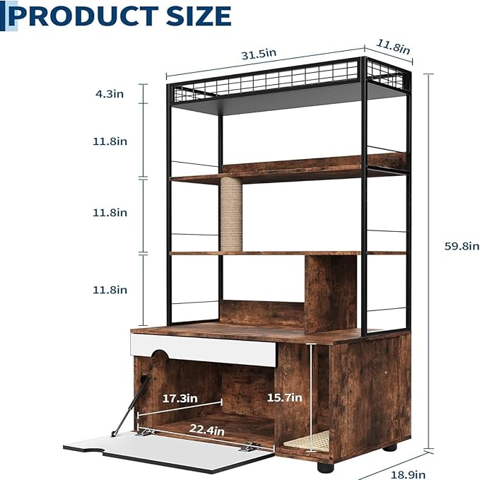 2-in-1 Hidden Cat Litter Box Enclosure Furniture with 4-Tier Shelves & Scratching Post, Large Wooden Cat Litter Cabinet for Most Litter Boxes, Brown