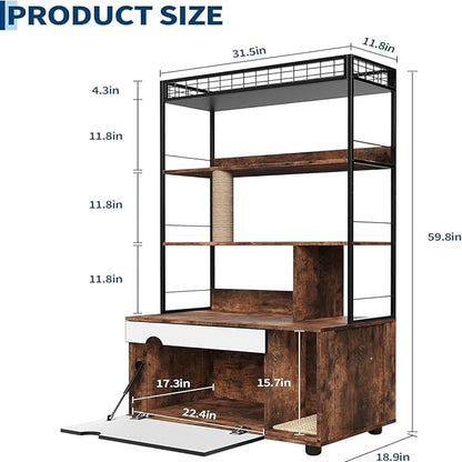 2-in-1 Hidden Cat Litter Box Enclosure Furniture with 4-Tier Shelves & Scratching Post, Large Wooden Cat Litter Cabinet for Most Litter Boxes, Brown