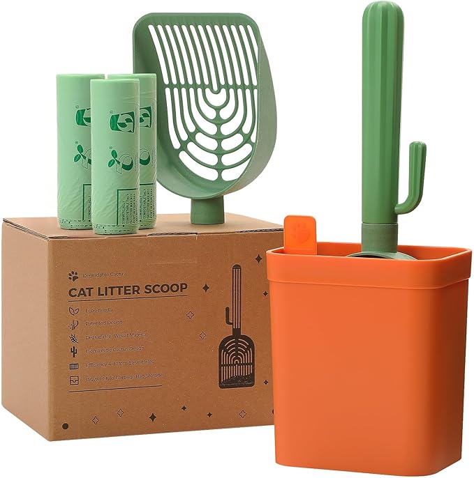 MUTTROS Cactus Cat Litter Scooper with Holder - 3 Rolls of Trash Bags, Wheat Straw Plastic Shovel & ABS Handle and Box - Cat Litter Scoop with Bag - Premium Kitty Litter Scoop Green