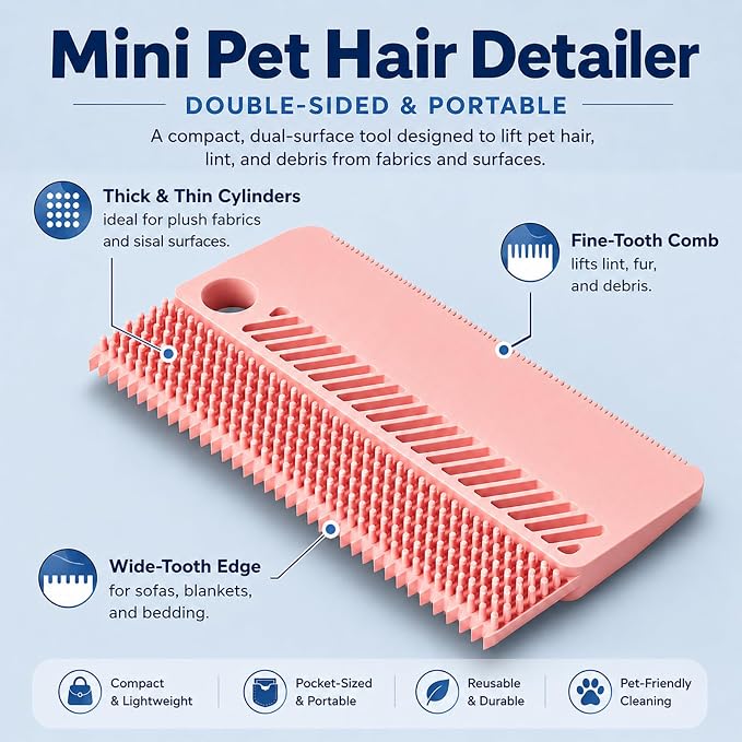 2 Pack Reusable Pet Hair Remover and Fabric Lint Scraper Set, Pink | Double-sided lint remover and flexible fabric scraper for dog cat hair on clothes, sofas, bedding, rugs and car seats.