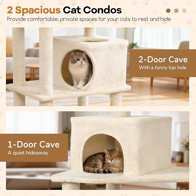 DORTALA 75" Tall Modern Cat Tree, Multi-Level Cat Tower with Large Condos, Sisal Scratching Posts, Top Perch, Hammock, Dangling Balls, Kitten Beds & Climbing Furniture for Indoor Cats (Beige)