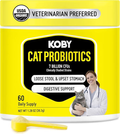 Koby Cat Probiotics | Daily Digestive Support for Sensitive Cats | Helps Loose Stool & Upset Stomach | Certified Organic | Vet Preferred, Clinical Dose | Easy-to-Use Powder