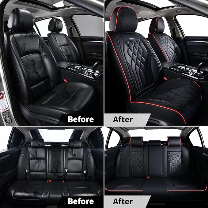 FLORICH Car Seat Covers Front Seat Covers Waterproof Leather Car Seat Protector Universal Fit Most Automotive, SUV, Truck (Black Seat Covers with Red Stitching, 2 Front Set)