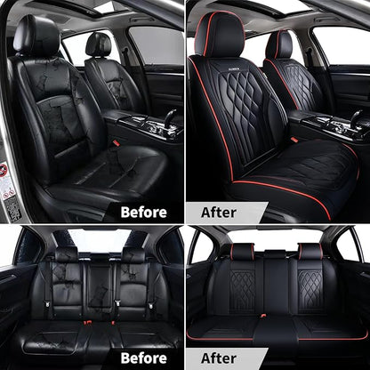 FLORICH Car Seat Covers Front Seat Covers Waterproof Leather Car Seat Protector Universal Fit Most Automotive, SUV, Truck (Black Seat Covers with Red Stitching, 2 Front Set)
