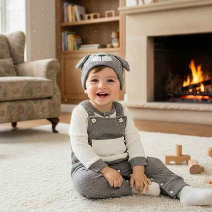 FOCUTEBB Baby Boy Clothes Cute Long Sleeve Romper Infant Pocket Overalls Adjustable Suspender Pants Set 0-18 Months