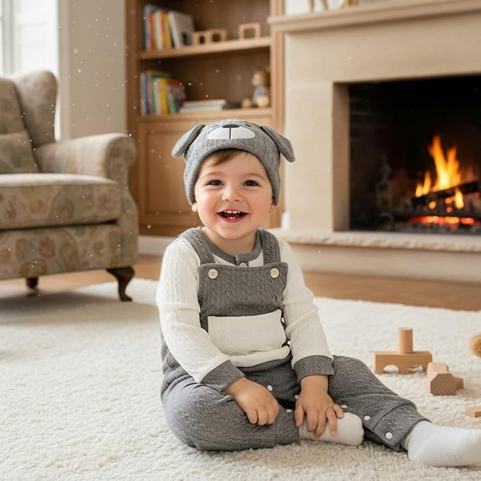 FOCUTEBB Baby Boy Clothes Cute Long Sleeve Romper Infant Pocket Overalls Adjustable Suspender Pants Set 0-18 Months