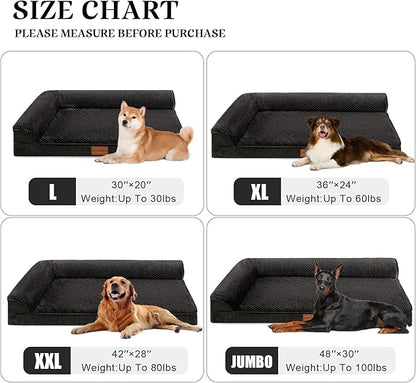 Orthopedic XL Dog Bed Large Sized Dog 48''X30'', Waterproof L Bolster Extra Large Egg Crate Foam Pet Crate Beds with Washable Removable Cover, Non-Slip Soft Pet Couch Mat, Black