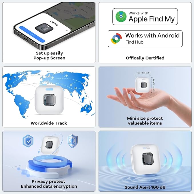 Hoxe Air Tracker Tags-4 Pack for iOS & Android, Smart Tag for Key, Bag, Pet | Dual System Luggage Tracker Compatible with Apple Find My & Google Find Hub App, Bluetooth Key Finder Replaceable Battery