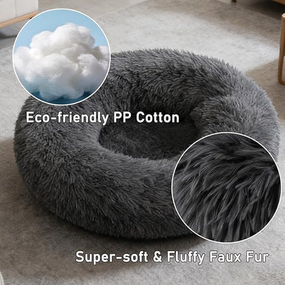 Calming Donut Dog Beds Large Sized Dog - Washable Removable Cover Non-Slip, Round Pet Bed Warming Fluffy Plush Faux Fur Anti-Anxiety Thick Cushion, Fits up to 80 lbs (Dark Grey, 36")