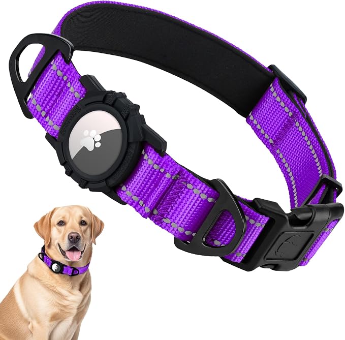 Taglory AirTag Dog Collar with Waterproof Holder for Large Dogs, Purple, L | Reflective for Night Walks & Low-Light Safety, Track Your Pup Peace of Mind, Adjustable Soft Padded, No More Dangling Tags