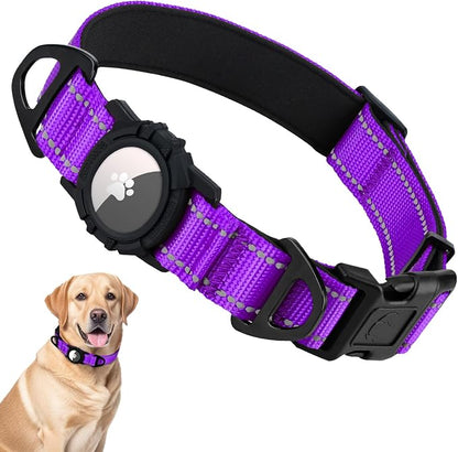 Taglory AirTag Dog Collar with Waterproof Holder for Large Dogs, Purple, L | Reflective for Night Walks & Low-Light Safety, Track Your Pup Peace of Mind, Adjustable Soft Padded, No More Dangling Tags