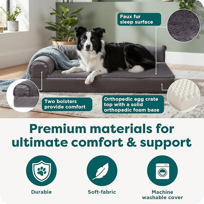 FurHaven Orthopedic Dog Bed for Large Dogs, L-Shaped Chaise Mattress with Egg Crate with Solid Orthopedic Foam Base for Joint Support, Washable Cover, Large, Plush & Velvet, Platinum Gray