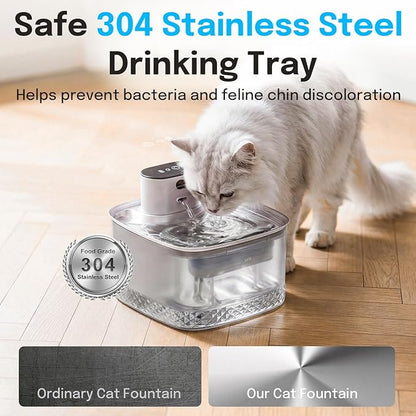Wireless Cat Water Fountain, 2L Rechargeable Pet Fountain with Stainless Steel Tray, Ultra Quiet Pump, Motion Sensor & Anti-Dry Burn, Auto Water Dispenser for Cats Dogs, White (1 Filter)