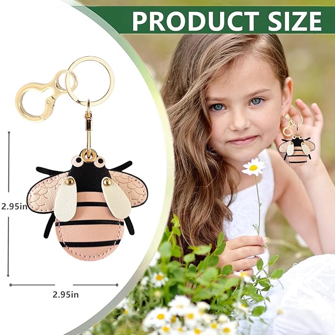 Leather Airtag Keychain Case Holder,Cute Protective Apple Air Tag Cover with Key Ring,Anti-Scratch Hidden Finder GPS Tracker Case for Wallet Keys,Bag,Pets,Backpack(Bee)