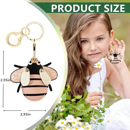 Leather Airtag Keychain Case Holder,Cute Protective Apple Air Tag Cover with Key Ring,Anti-Scratch Hidden Finder GPS Tracker Case for Wallet Keys,Bag,Pets,Backpack(Bee)