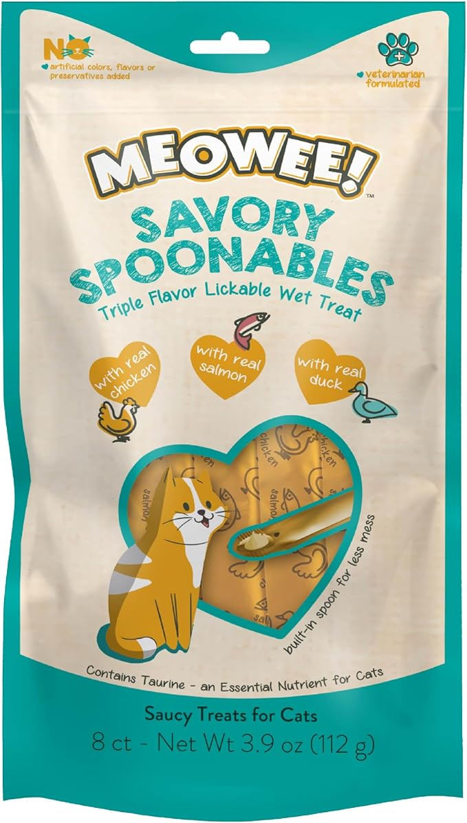 MEOWEE! Savory Spoonables with Real Chicken, Salmon and Duck for Cats, 8 Count, Treat Your Cat to Triple Flavor Squeezable Lickable Wet Treats with Built-in Spoon for Less Mess