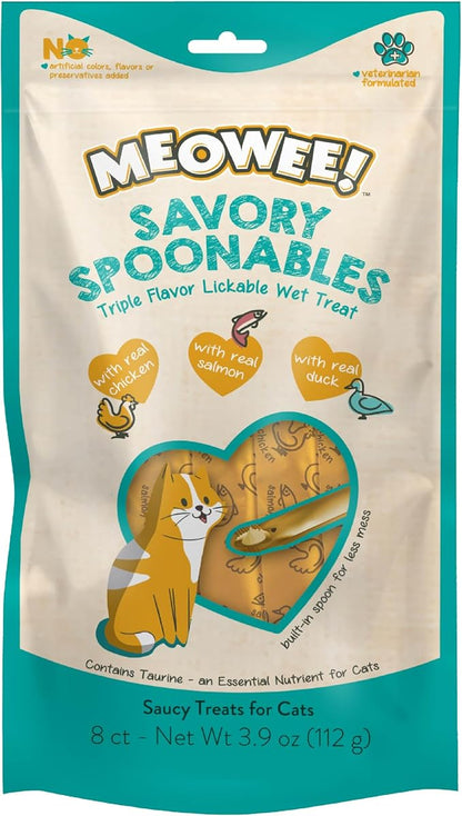 MEOWEE! Savory Spoonables with Real Chicken, Salmon and Duck for Cats, 8 Count, Treat Your Cat to Triple Flavor Squeezable Lickable Wet Treats with Built-in Spoon for Less Mess