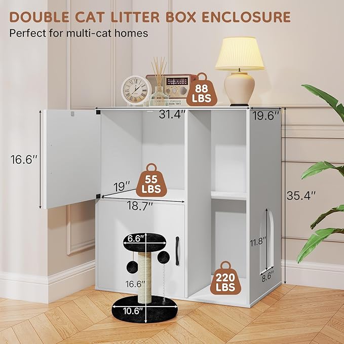 Rovibek Double Cat Litter Box Enclosure,Two Tier Hidden Litter Box Furniture for 2 Cats with Scratching Post and Storage, Dual Cat Litter Cabinet for 2 Litter Boxes, White
