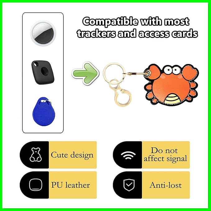 Leather Airtag Keychain Case Holder,Cute Protective Apple Air Tag Cover with Key Ring,Anti-Scratch Hidden Finder GPS Tracker Case for Wallet Keys,Bag,Pets,Backpack(Crab)