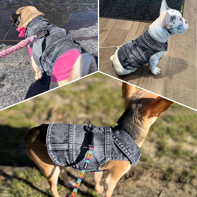 Dog Jean Jacket, Blue Denim Shirt Classic Lapel Vest Coat Costume Puppy T-Shirt, Comfort Tank Top Cool Apparel, Washed Pet Clothes for Dogs Boy Girl (Black with D-Ring, X-Large)
