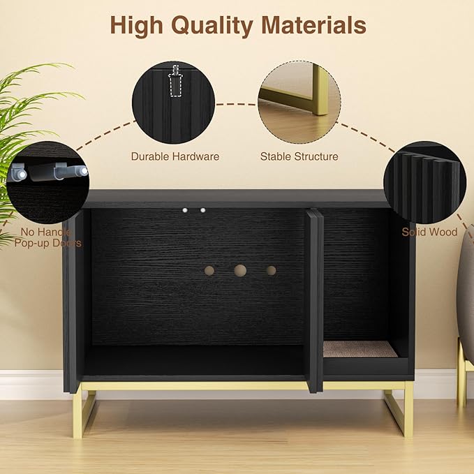 Halitaa Litter Box Enclosure, Modern Cat Litter Box Furniture Hidden Litter Box with Scratch Pad, Cat Washroom House End Table, Entryway Bench for Livingroom (Black)