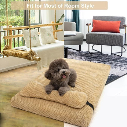 huraty Orthopedic Dog Bed with Bolster Pillow, Soft Plush Pet Bed Mat Non-Slip Bottom, Washable Pet Bed Mattress for Crate Kennel Suitable for Pets Up to 10 lbs, Brown 19.6x15.7x2 in