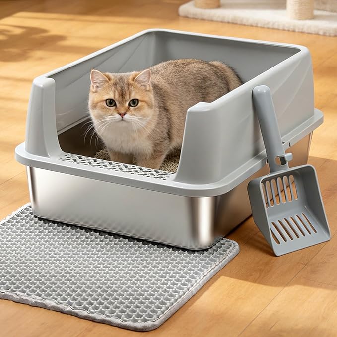 Medium Stainless Steel Litter Box with Lid, Metal Cat Litter Box with Covered, Easy Clean Non Stick No Smell