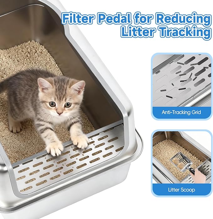 Stainless Steel Cat Litter Box XXL, 23.6" L x 15.7" W x 11.8" H Extra Large Semi Enclosed Removable Metal Litter Tray with High Sided Enclosure, Scoop, Anti-Leakage, Non-Sticky, Easy Cleaning