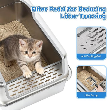 Stainless Steel Cat Litter Box XXL, 23.6" L x 15.7" W x 11.8" H Extra Large Semi Enclosed Removable Metal Litter Tray with High Sided Enclosure, Scoop, Anti-Leakage, Non-Sticky, Easy Cleaning