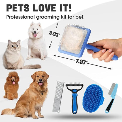 Bonteck Dog Slicker Brush for Dogs Grooming Kit 4PCS | Large Dog Brush for Goldendoodles Poodles Doodles | Long Pin Haired Brush | Poodle Brushes and Comb (Blue)