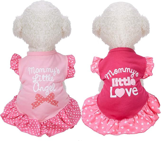 2 Pieces Dog Dresses for Dogs Cute Girl Female pet Dress Mommy Puppy Shirt Skirt Dresses Pet Summer Clothes Apparel for Cats(Love and Angel,Large)