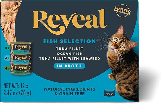 Reveal Natural Wet Canned Cat Food, 3-Flavor Variety Pack, Limited Ingredient, Grain-Free, High Protein with No Artificial Additives, Fish Variety in Broth (12 x 2.47 oz Cans)