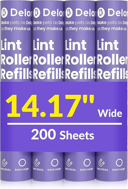 DELOMO 14.17” Large Lint Roller Refills, 4 Packs, 200 Extra Sticky Sheets | Sticky Roller Refills, Easy Tear Sheets, Compatible Only with DELOMO 14.17” Lint Roller, Floors, Carpets, Couches, Pet Hair