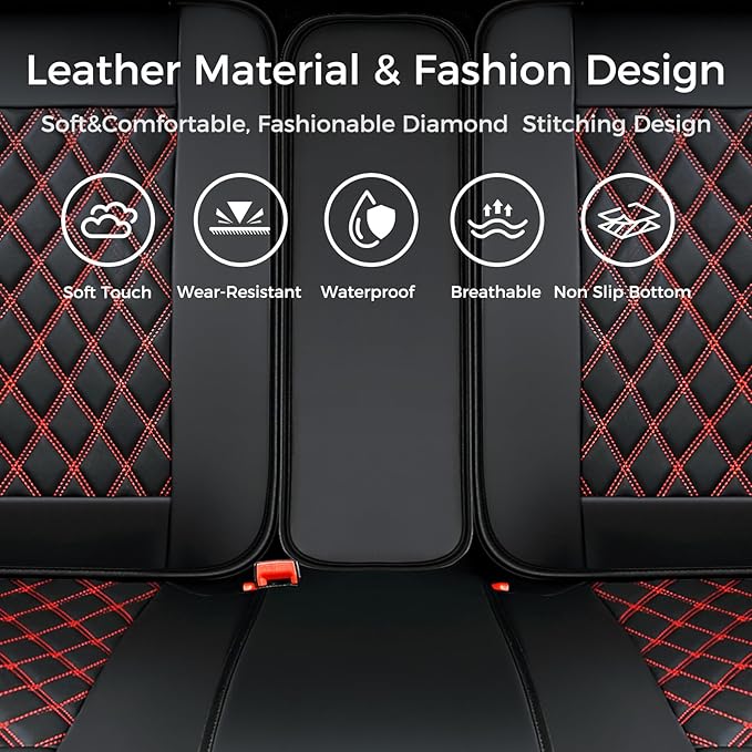 Huidasource Rear Bench Car Seat Covers, Split Back Leather Seat Cover Velcro Adjustable, Compatible with Armrests, Seat Belts, Child Safety Seats, Fit for Most Cars SUVs Trucks (Back Row/Black&Red)