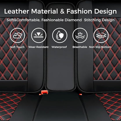 Huidasource Rear Bench Car Seat Covers, Split Back Leather Seat Cover Velcro Adjustable, Compatible with Armrests, Seat Belts, Child Safety Seats, Fit for Most Cars SUVs Trucks (Back Row/Black&Red)
