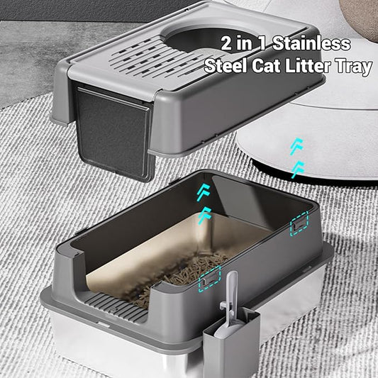 23.62" Large Stainless Steel Litter Box for Large Cats, Enclosed Cat Litter Pan with 180° Flip-Top Lid, Dual Entry Front Door & Top Entrance, Easy Clean Odor Control for Multi-Cat