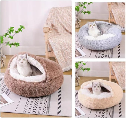 Cat Bed Round Fluffy Hooded Cat Bed Cave, Anti-Anxiety Cave Bed with Hooded Blanket, Cozy Cuddler Luxury Puppy Pet Bed, Anti-Slip Bottom and Machine Washable (Brown, Large)
