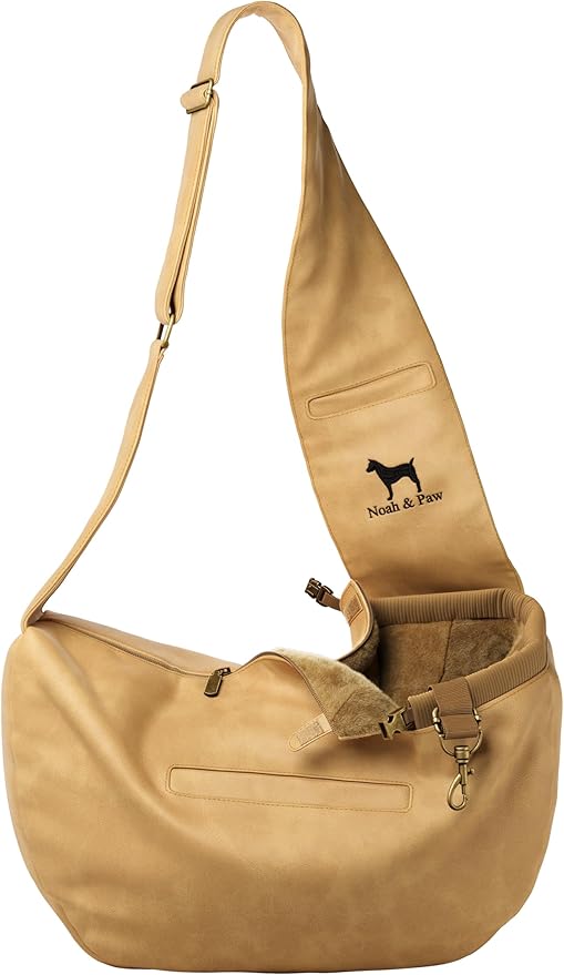 Noah & Paw Dog Sling Carrier for Small Dogs 5-18lb, Dog Sling for Small Dogs and Cats, Dog Carrier with Adjustable Padded Strap, Vegan Leather Lined with Fur, 3X Safety Features, Machine Washable